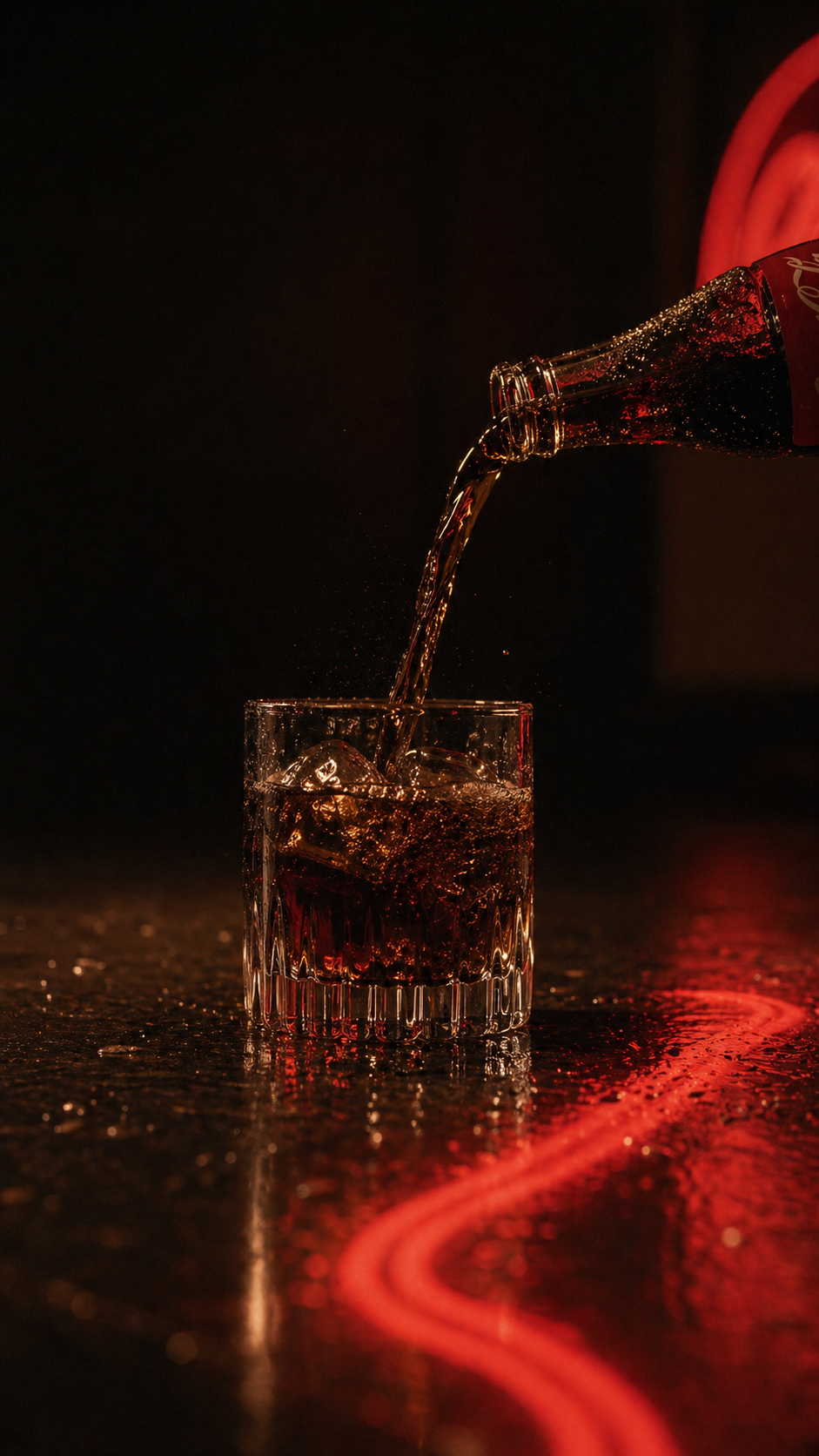 Coca-Cola pouring into a heavy glass on a bar, neon ribbon trailing across the wood